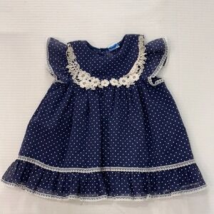 Vintage Nannette NavyPolka Dot Baby Girl 2T Dress Lace Cottagecore Eastr